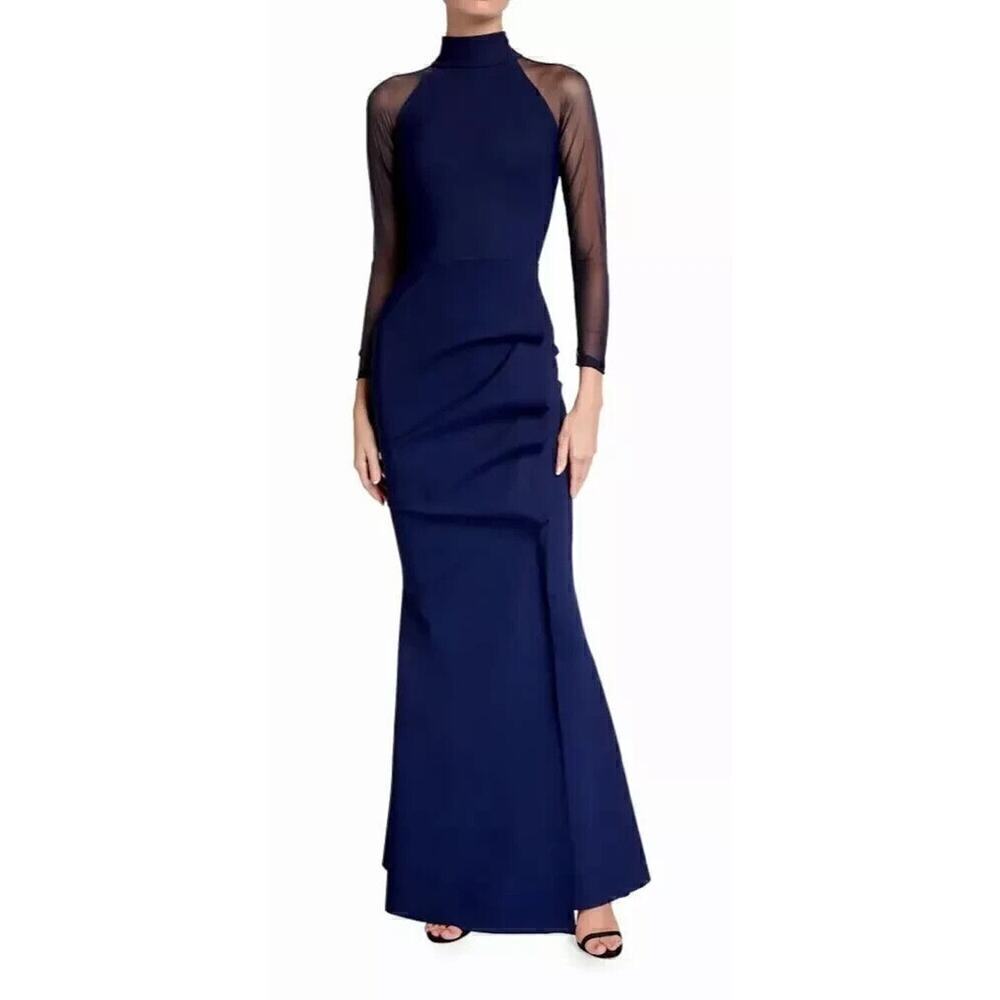 NEW Chiara Boni Maylys Mock-Neck Mesh Sleeve Illusion Gown Blue IT46 Size 10